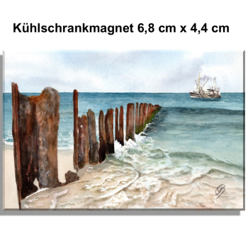 Kühlschrankmagnet Aquarell Maritim Kunst Druck Wellenbrecher Dänemark Nordsee Ostsee Düne Dünen Meer Möwe Möwen Strand